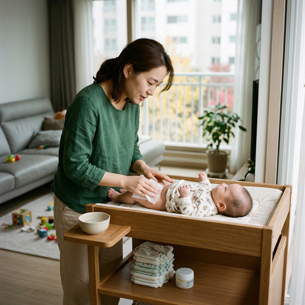 밝은 거실에서 엄마가 기저귀 교환대 위 아기 엉덩이를 미지근한 물 적신 거즈로 부드럽게 닦고 있는 장면
