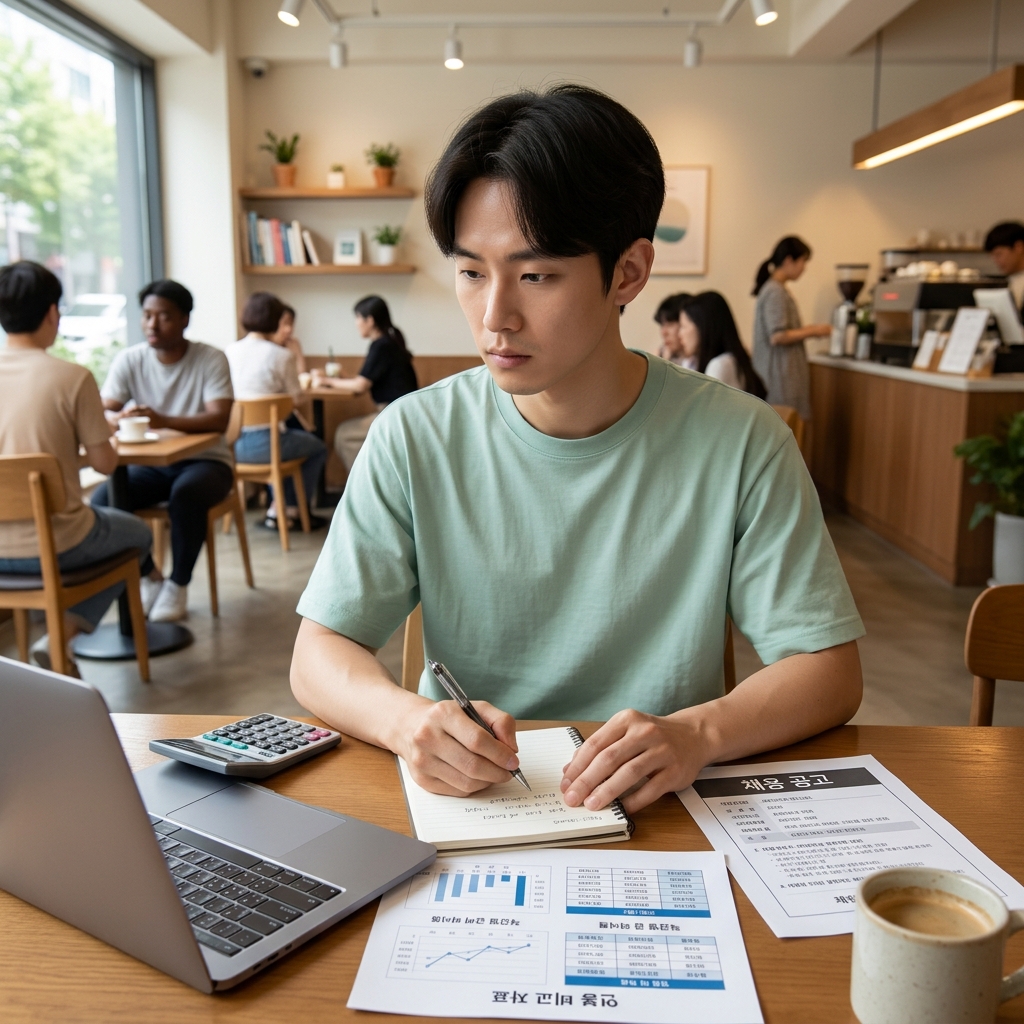 20대 후반 직장인이 카페에서 노트북과 계산기를 펼쳐놓고 연봉 계산 자료를 비교하며 메모하는 장면, 테이블 위에 채용공고 출력물이 놓여 있다