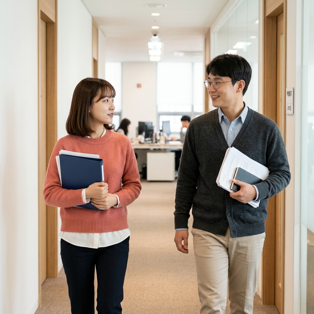 사무실 복도에서 가볍게 인사를 나누는 두 직장인, 서류 파일을 든 모습, 자연스러운 미소와 적당한 거리감