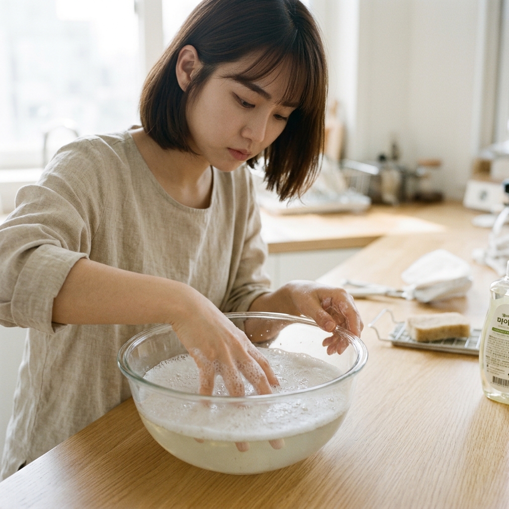 투명한 그릇에 미지근한 비눗물을 받아 손가락을 담그고 있는 장면, 세제 거품이 물 표면에 떠 있음