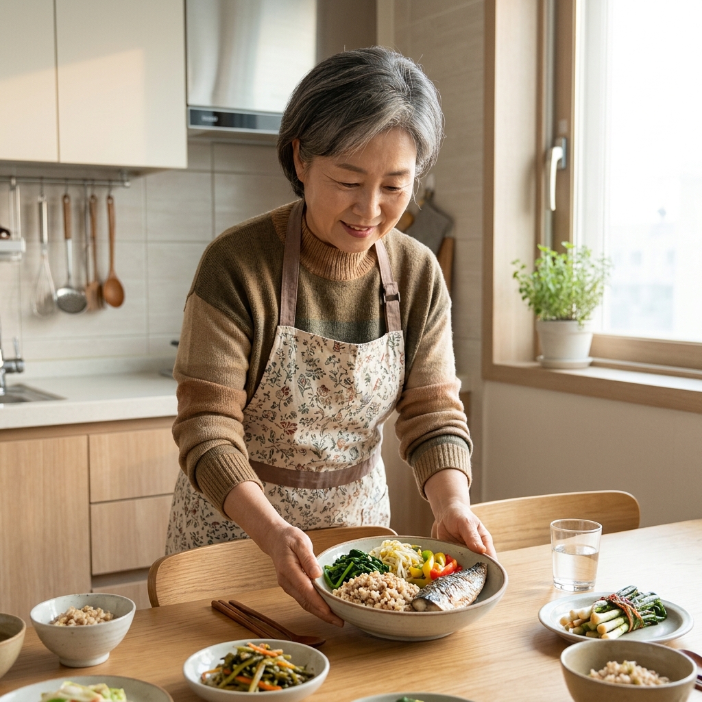 60대 여성이 집 주방에서 채소와 통곡물, 생선이 담긴 그릇을 식탁에 놓으며 식사를 준비하는 모습, 자연광이 들어오는 밝은 실내