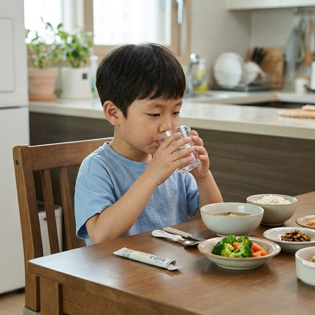 식탁 위에 유산균 포 한 개와 브로콜리·당근이 담긴 반찬 그릇이 놓여 있고, 6세 남자아이가 의자에 앉아 유산균을 물과 함께 먹는 장면