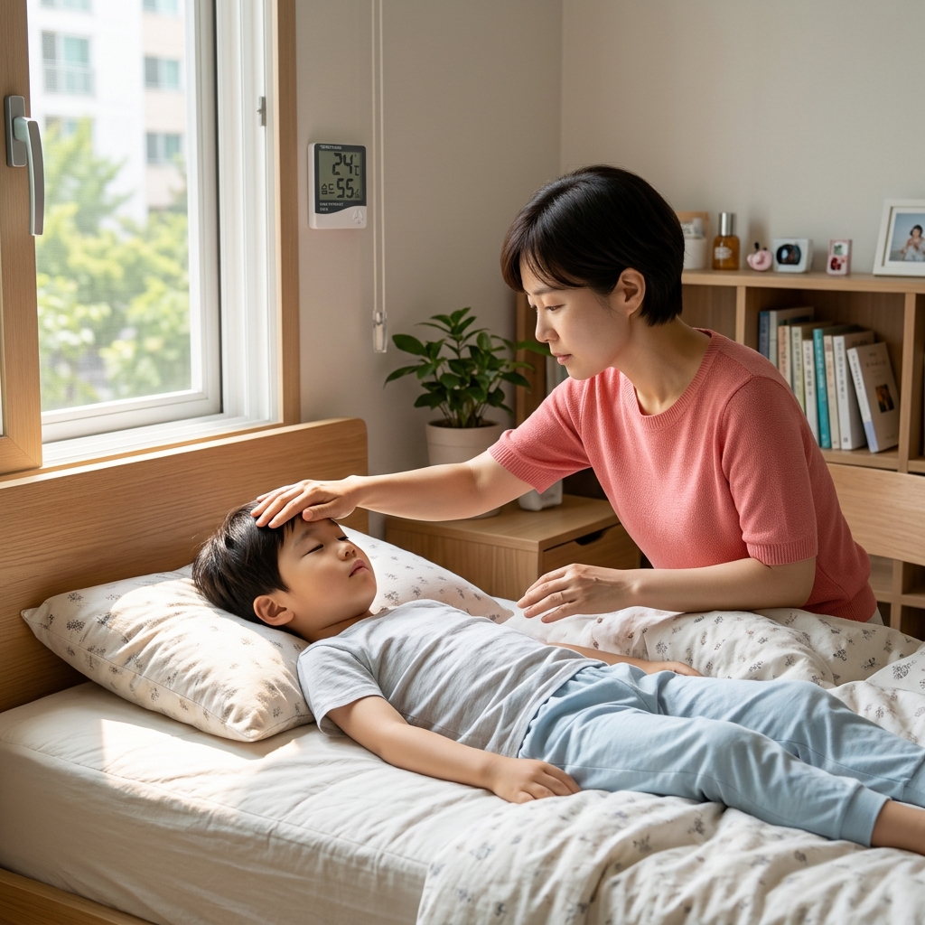 열나는 아이, 얇은 면 옷으로 편안하게…오한과 땀에 따른 대처법