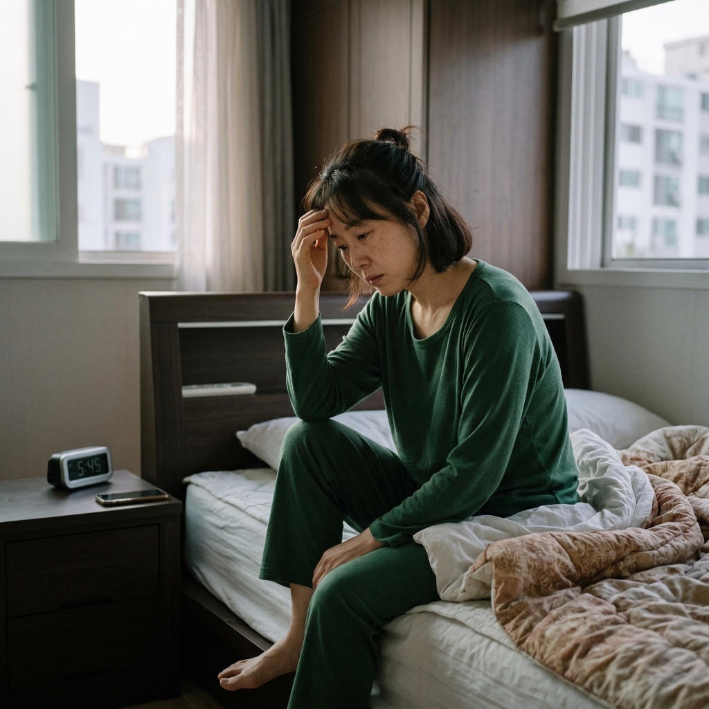 40대 여성이 침대에서 수면 부족으로 피곤한 표정으로 앉아 있는 모습, 이른 아침 빛, 긴 소매 잠옷
