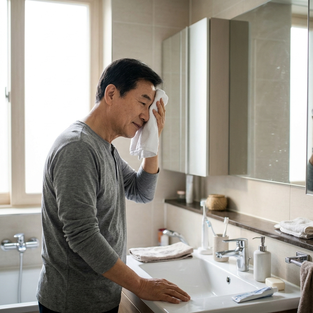아침에 세면대 앞에서 찬 수건을 얼굴에 가볍게 대고 있는 60대 남성, 창문으로 들어오는 부드러운 아침 햇살