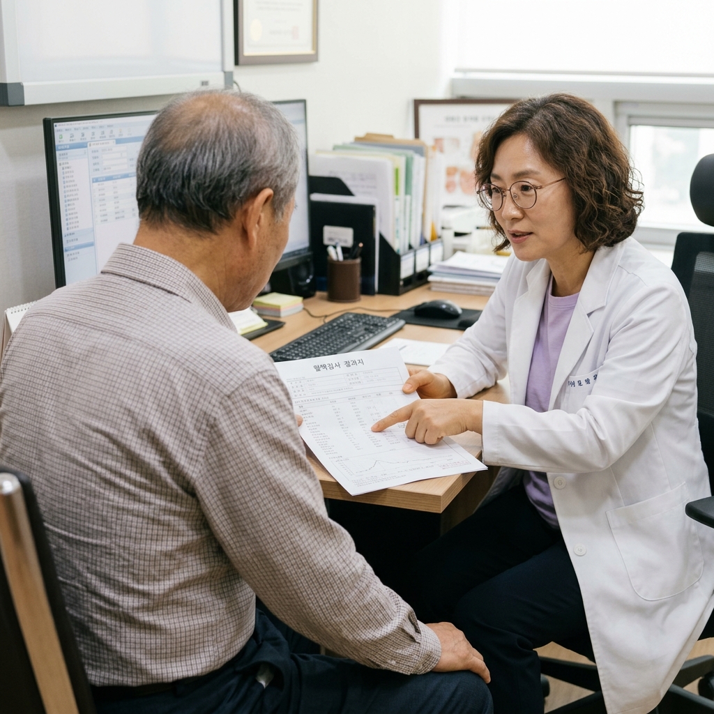 진료실 책상 위에 놓인 혈액검사 결과지를 가리키며 설명하는 의사의 손과 경청하는 70대 남성 환자의 뒷모습