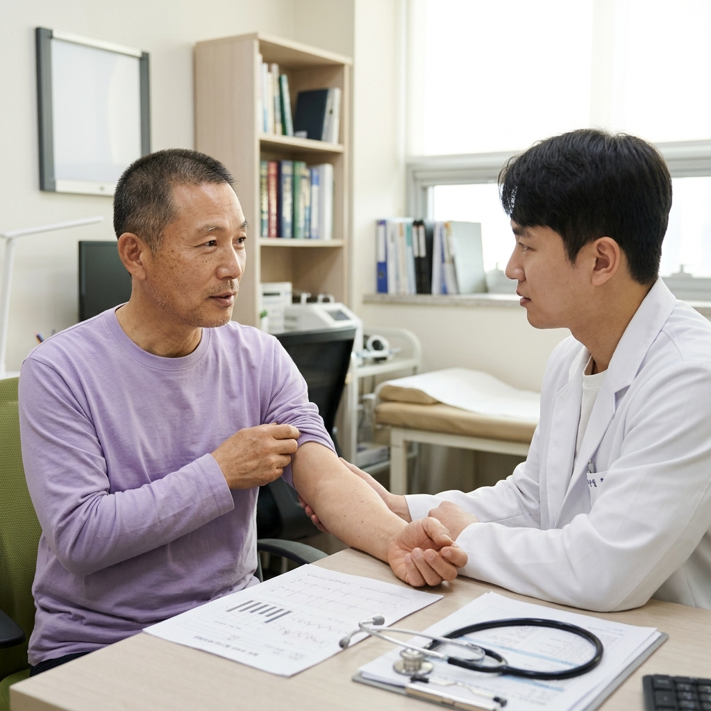 중년 남성이 진료실에서 의사와 마주 앉아 팔을 보여주며 대화하는 장면, 책상 위에 검사 결과지와 청진기가 놓여 있고 밝은 조명 아래 차분한 분위기