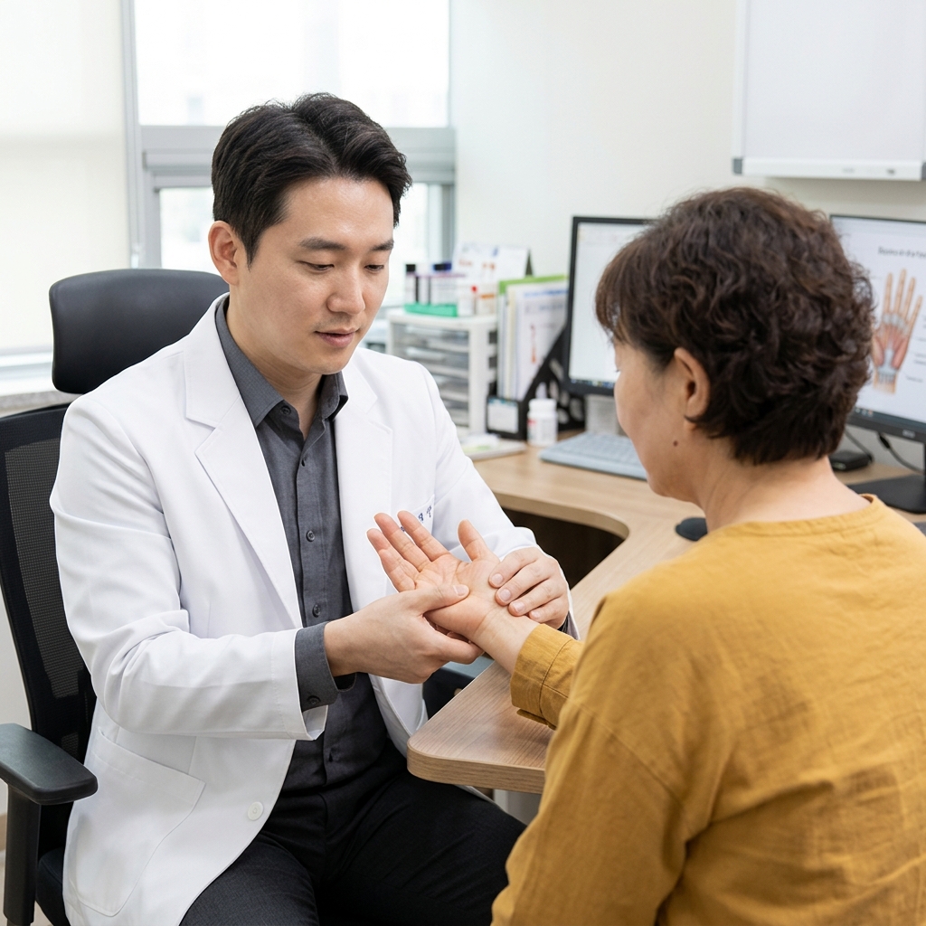 진료실에서 의사가 환자의 손바닥을 촉진하며 수장건막 상태를 확인하는 장면