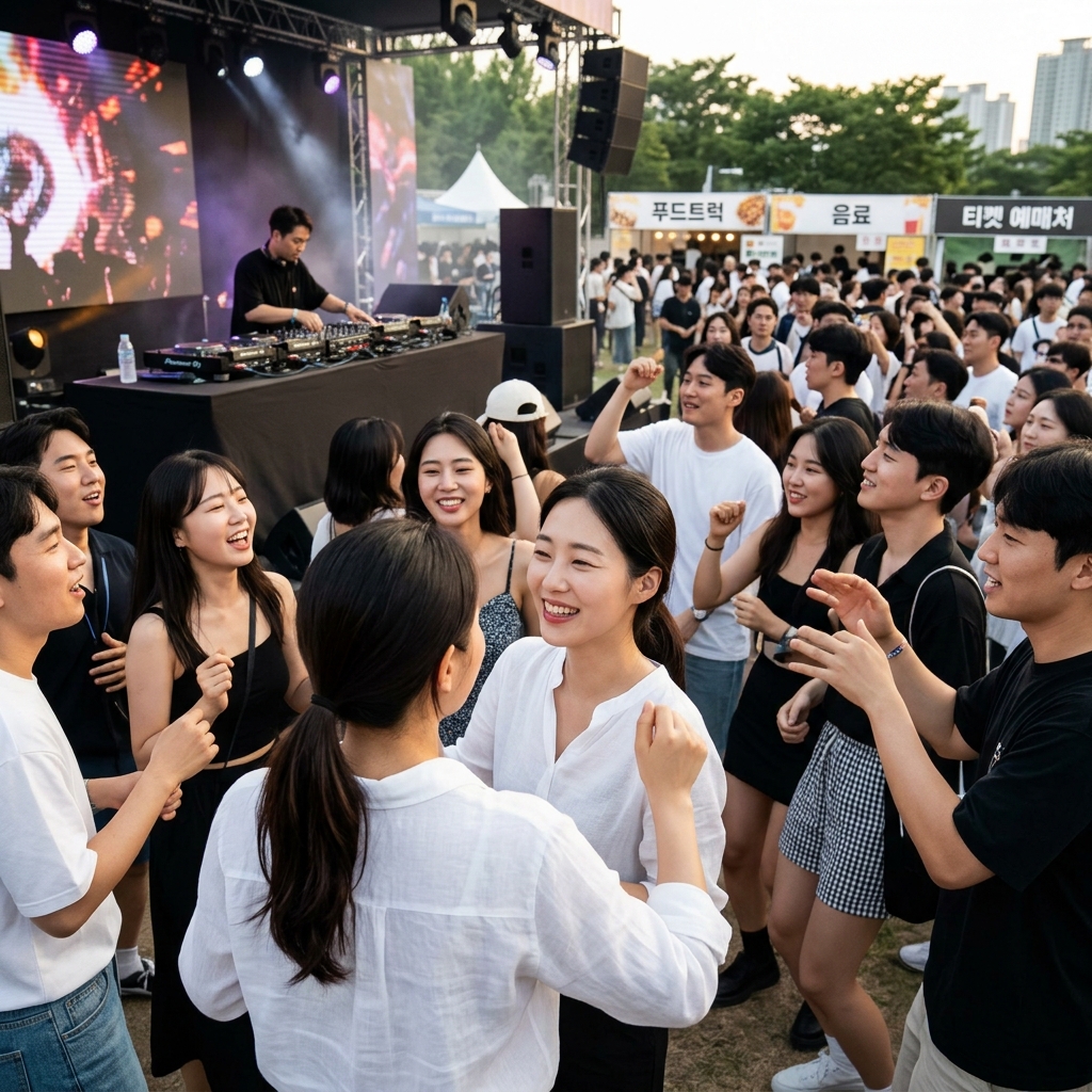 DJ 부스 앞에서 성인들이 음악에 맞춰 즐기는 페스티벌 장면