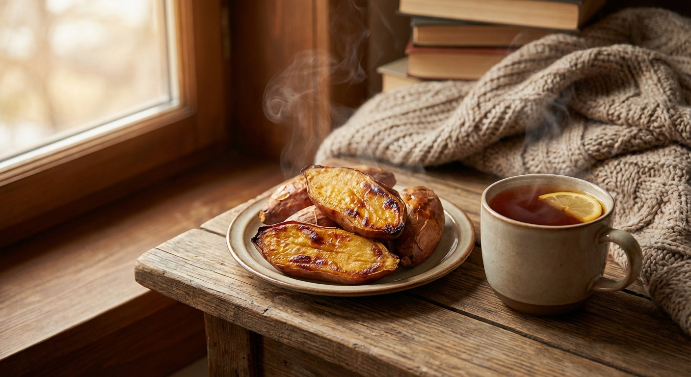따뜻한 분위기 속 고구마와 차 한 잔