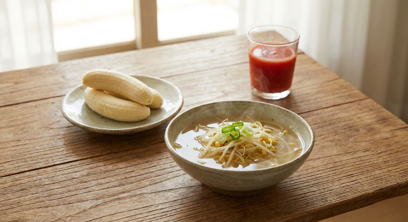 콩나물국, 바나나, 토마토주스가 한 상에 차려진 모습