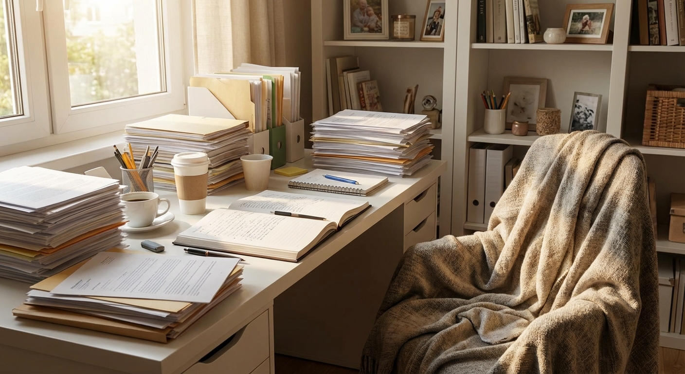쌓인 서류와 지저분한 책상 모습