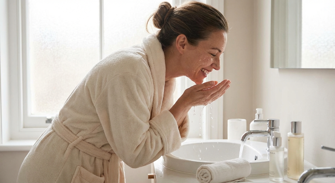 아침 세안하는 여성의 밝은 표정