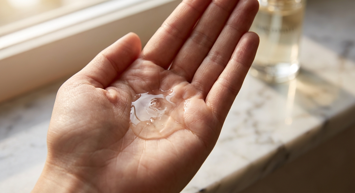 손바닥에 덜어진 투명한 헤어에센스 텍스처