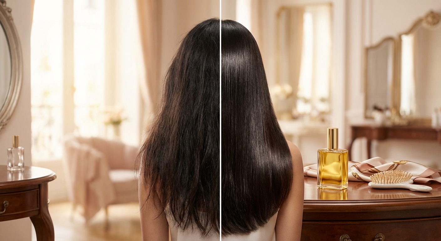 머리카락에 윤기가 도는 헤어오일 사용 전후 비교