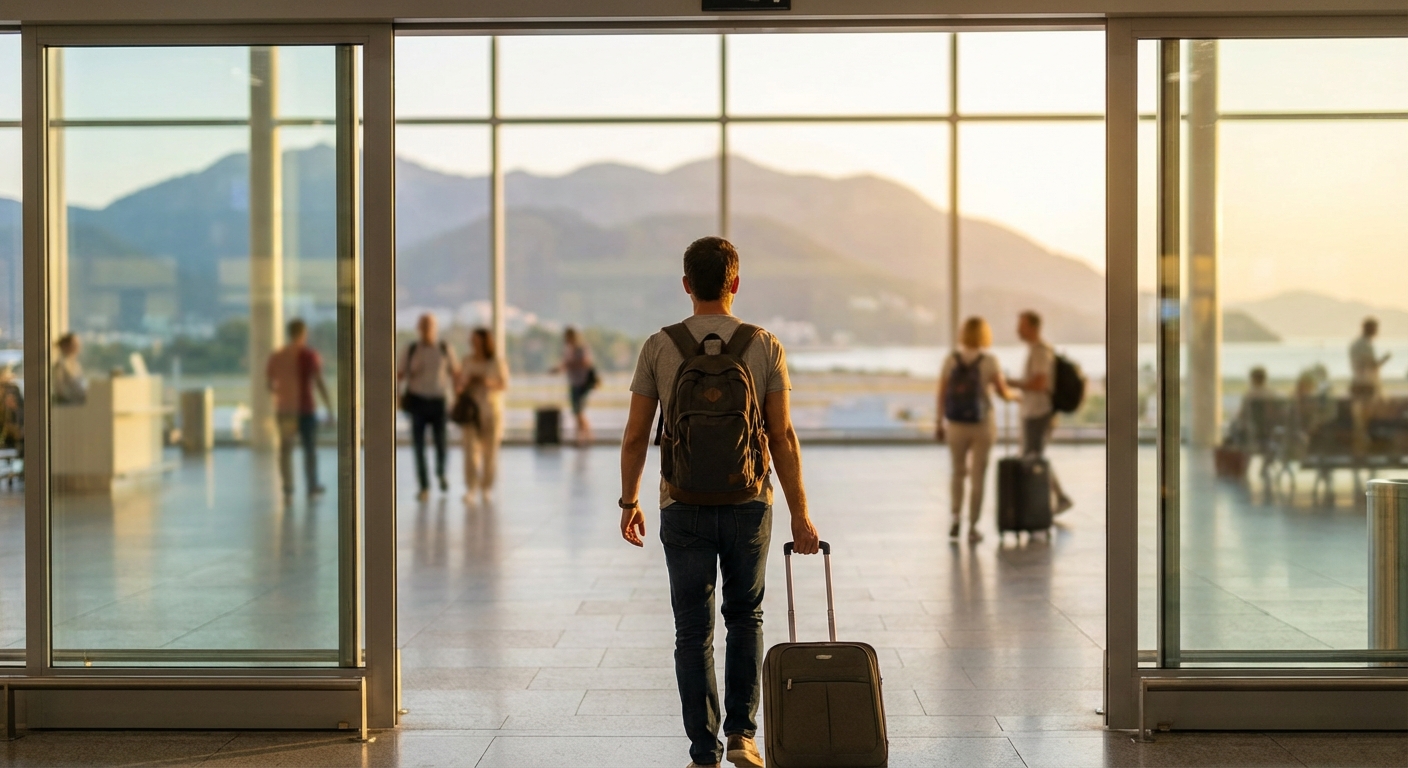 공항 도착 게이트를 나서는 여행객의 뒷모습