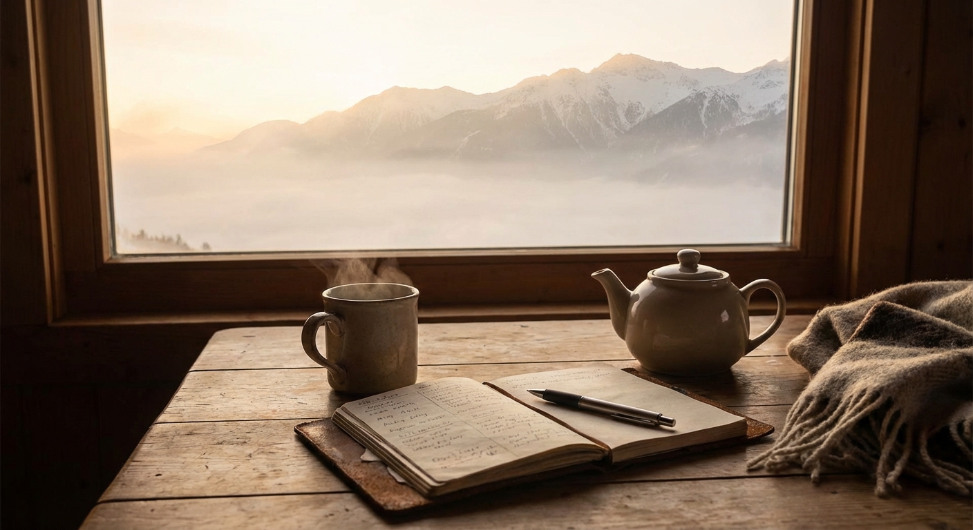 따뜻한 차와 노트가 놓인 테이블