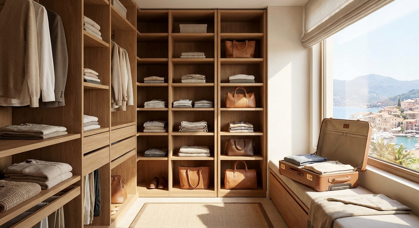 깔끔하게 정리된 옷장과 가방