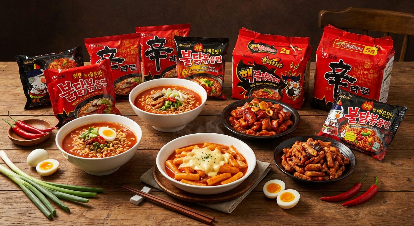 다양한 매운 인스턴트 식품들