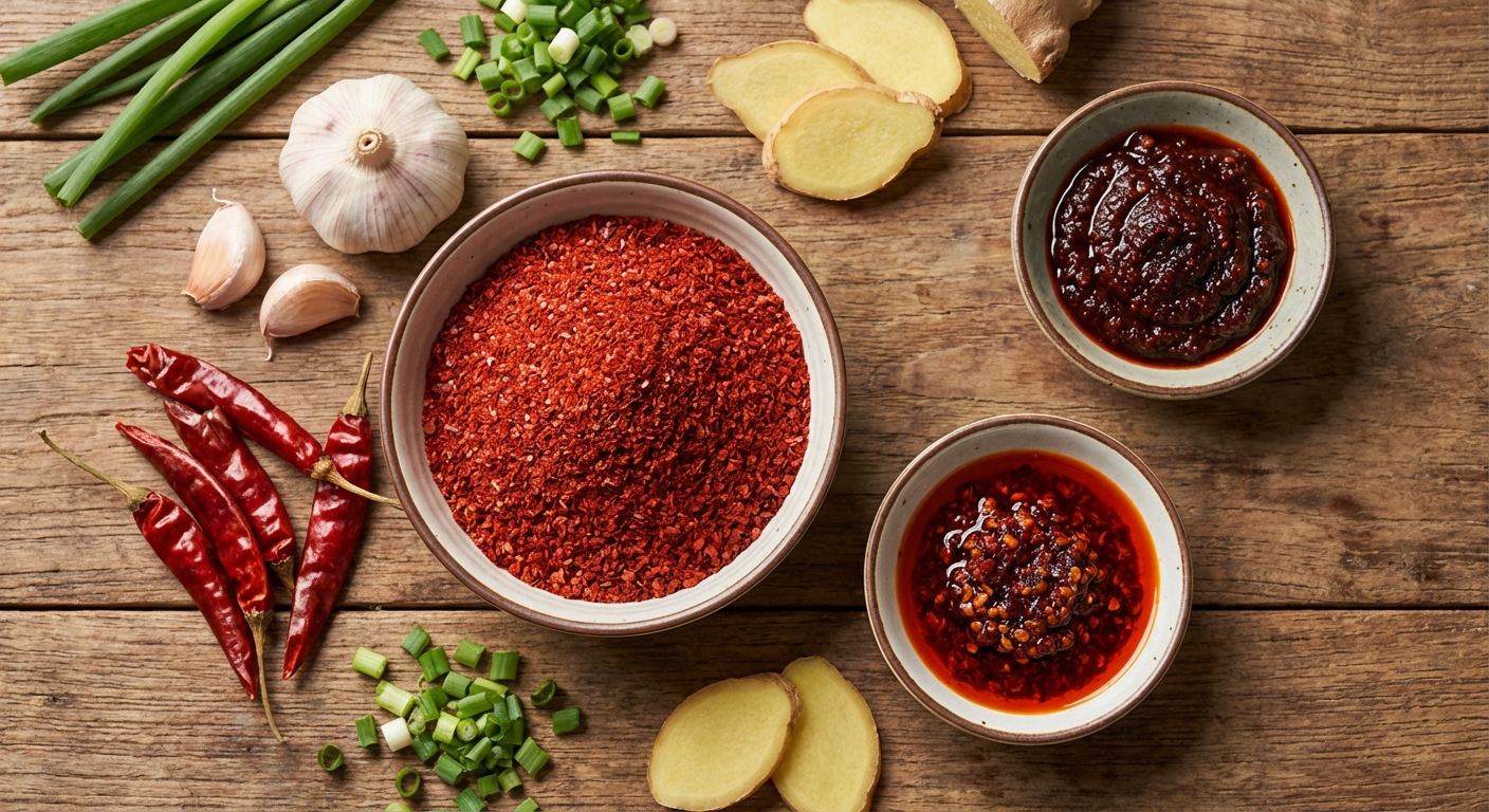 매운 요리 재료들과 양념장