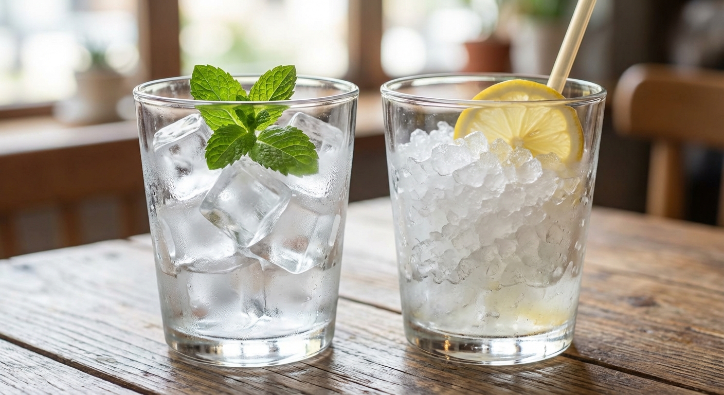 각얼음과 간얼음이 담긴 투명한 컵이 나란히 놓인 모습