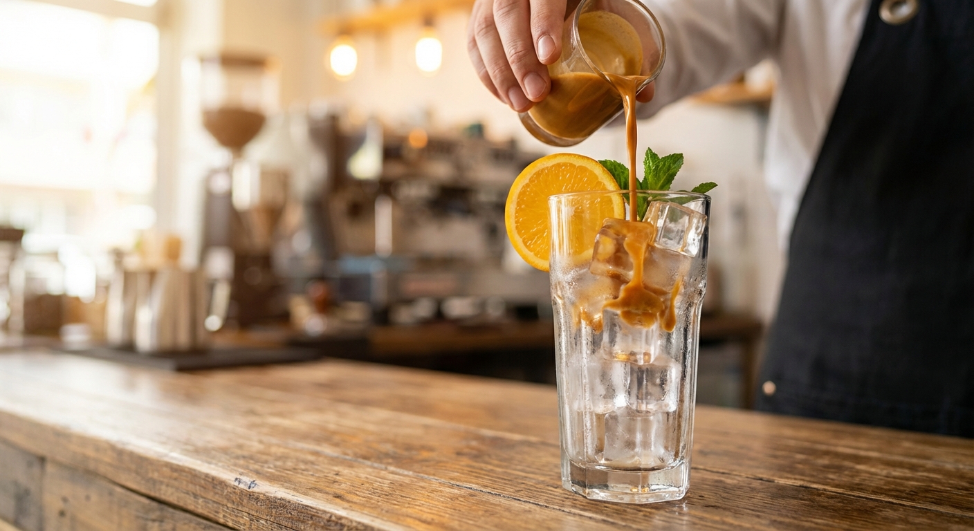 카페에서 각얼음이 담긴 음료를 만드는 장면