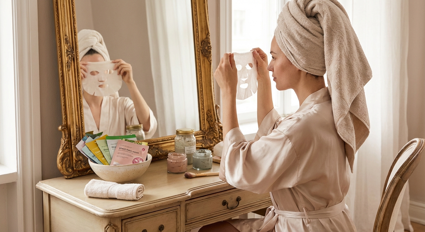 다양한 마스크팩이 놓인 화장대와 거울 앞 여성
