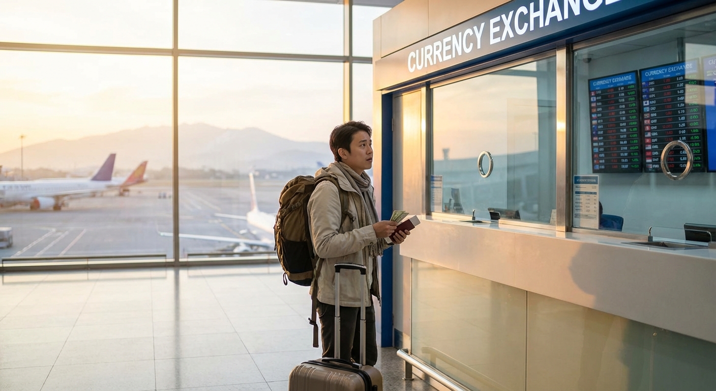 공항 환전소 앞에서 고민하는 여행자 모습