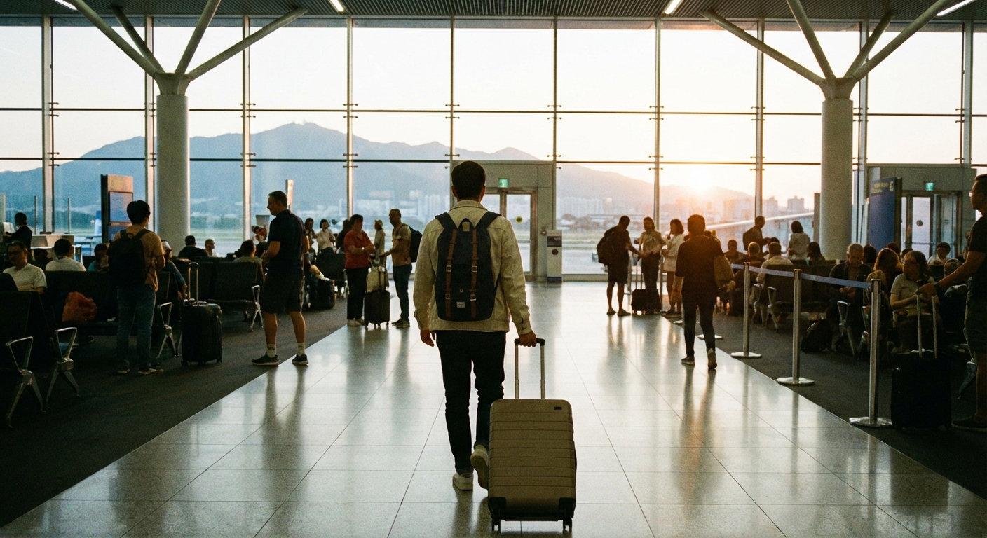 공항 게이트 앞에서 캐리어를 끄는 여행자의 뒷모습