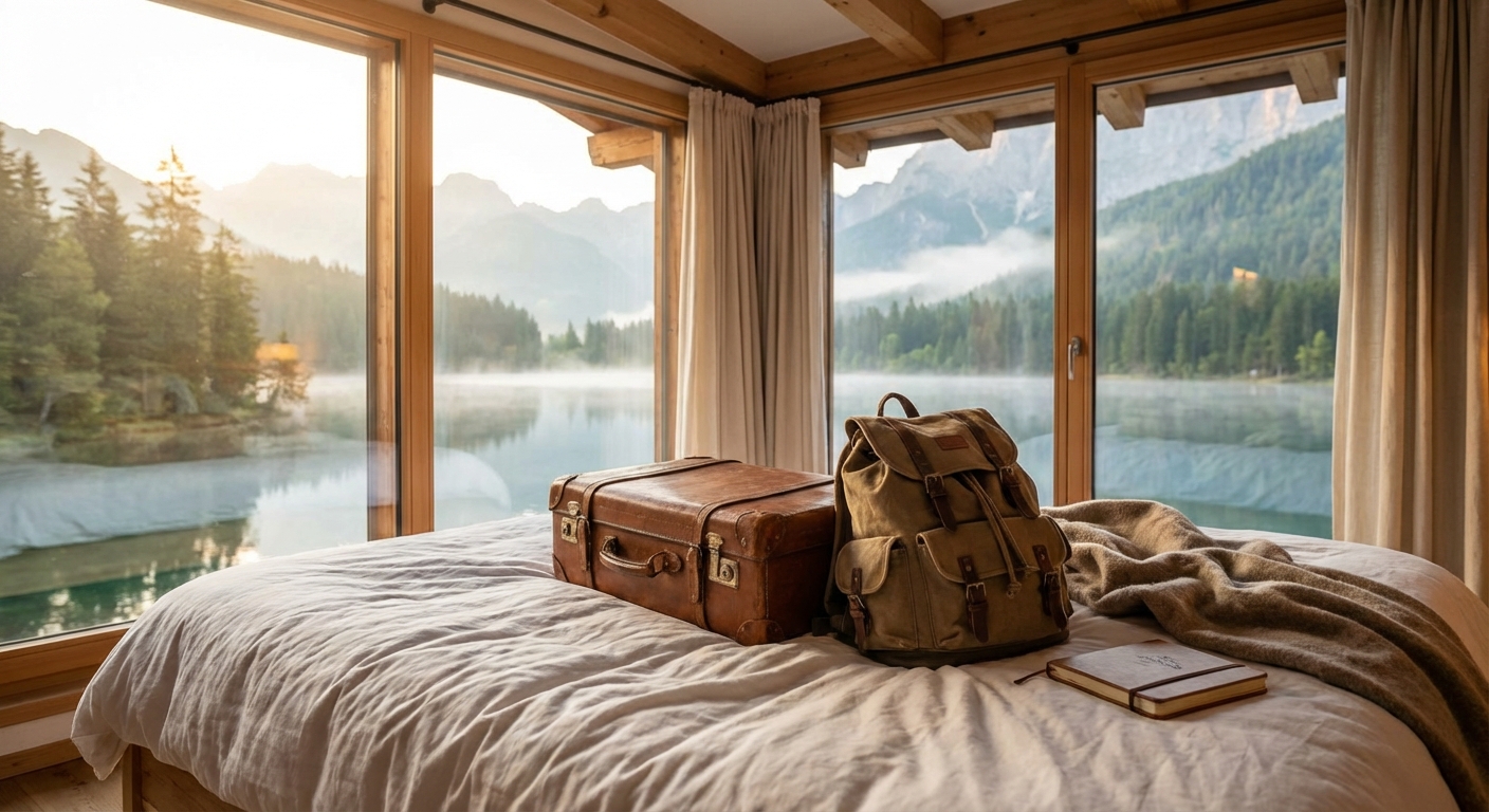 캐리어와 백팩이 놓인 숙소 침대