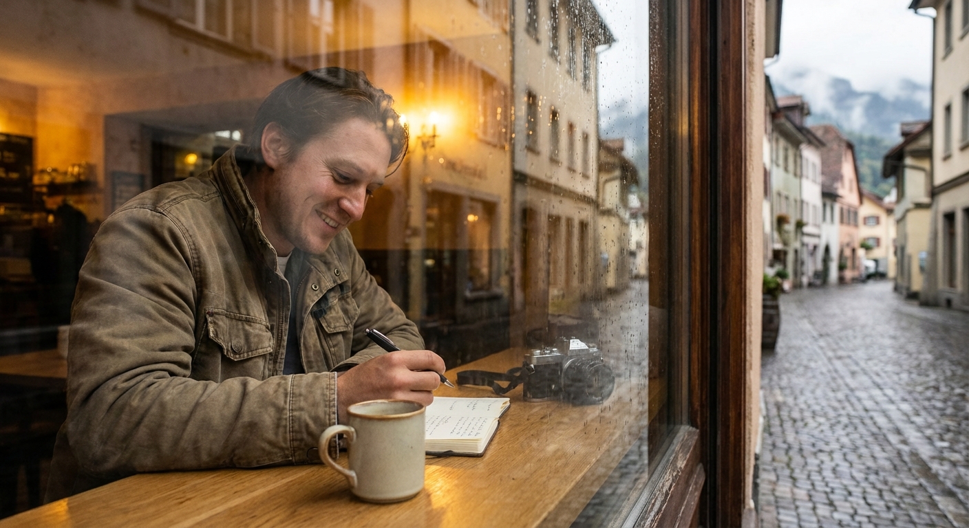 카페 창가에 앉아 노트에 뭔가를 적고 있는 여행자