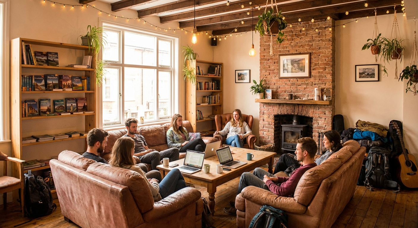 아늑한 호스텔 로비 풍경