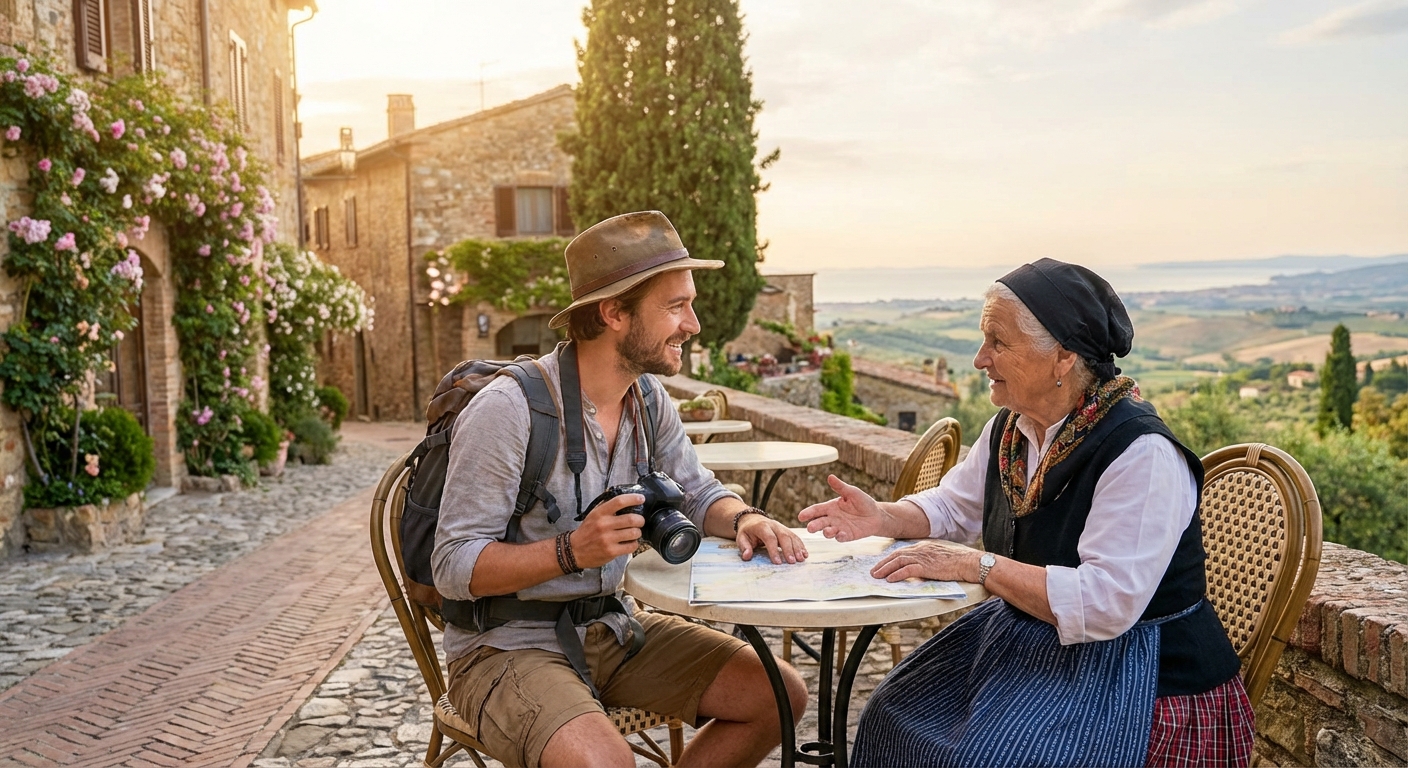 여행자가 현지인과 대화하는 모습