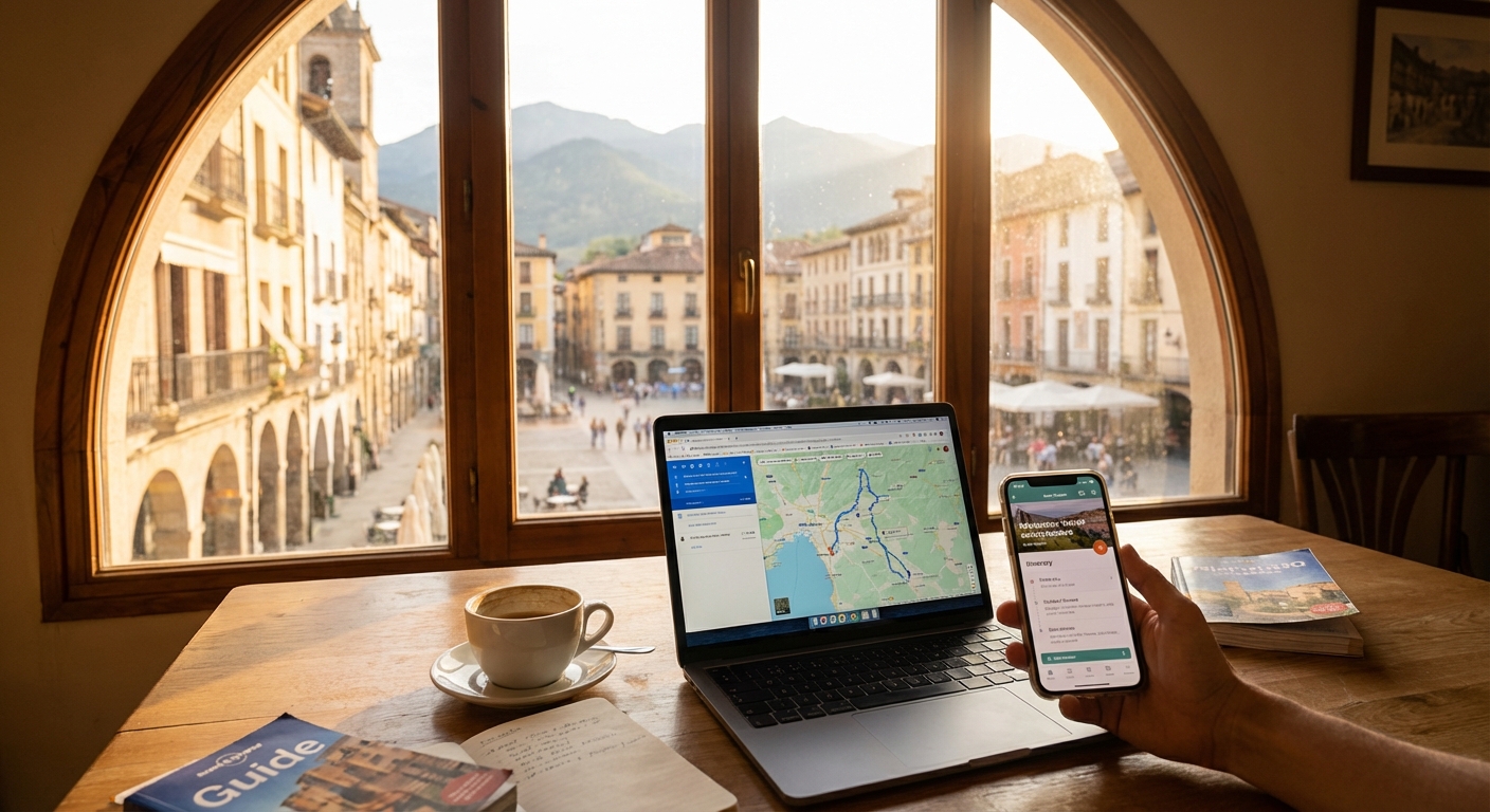 카페 창가에서 노트북과 스마트폰으로 여행 계획을 세우는 모습