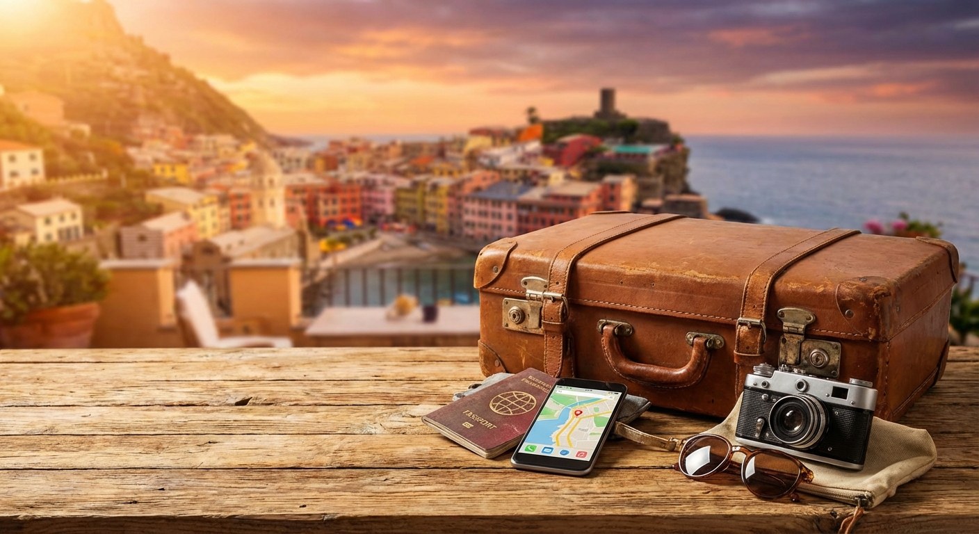 여행 가방 앞에 놓인 여권, 스마트폰, 여행 소품들