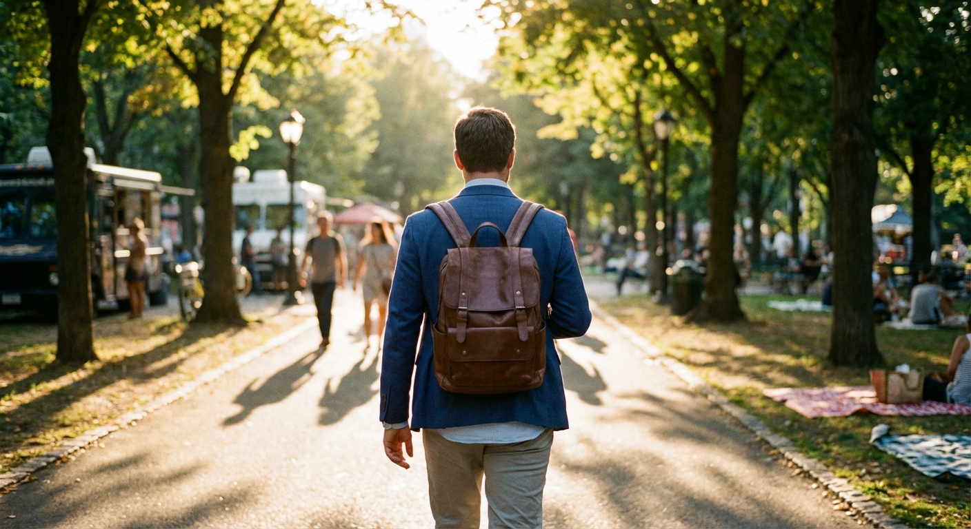 점심시간 공원을 걷는 직장인의 뒷모습