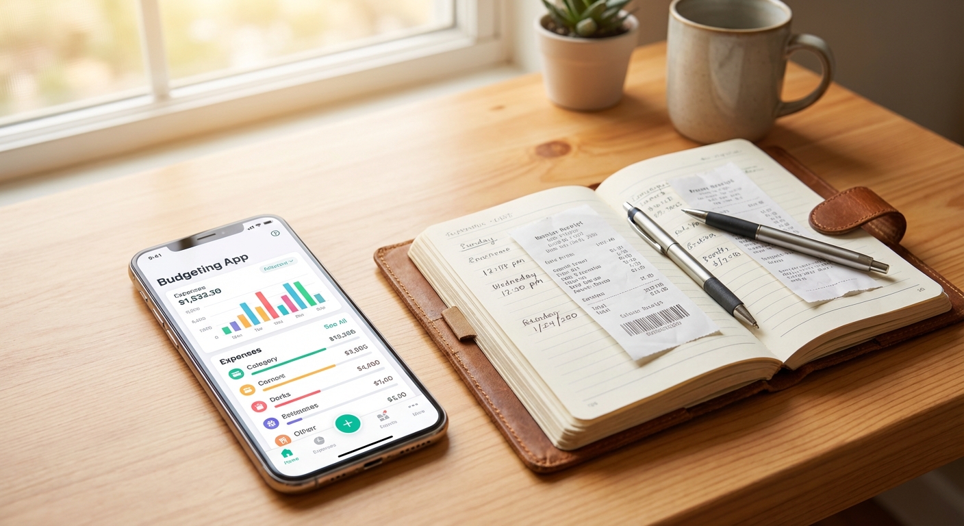 스마트폰 가계부 앱 화면과 수첩형 가계부 비교 이미지