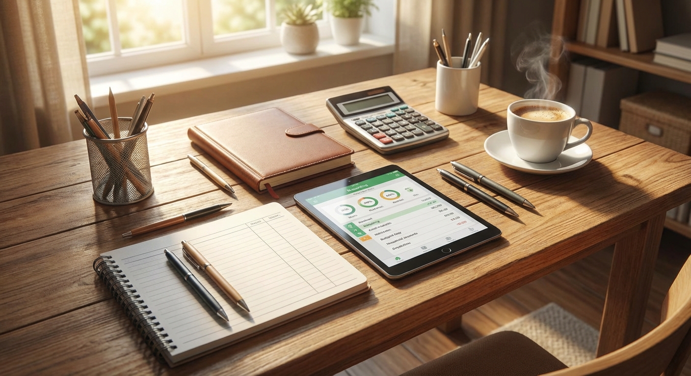 다양한 스타일의 가계부와 펜, 계산기가 놓인 책상