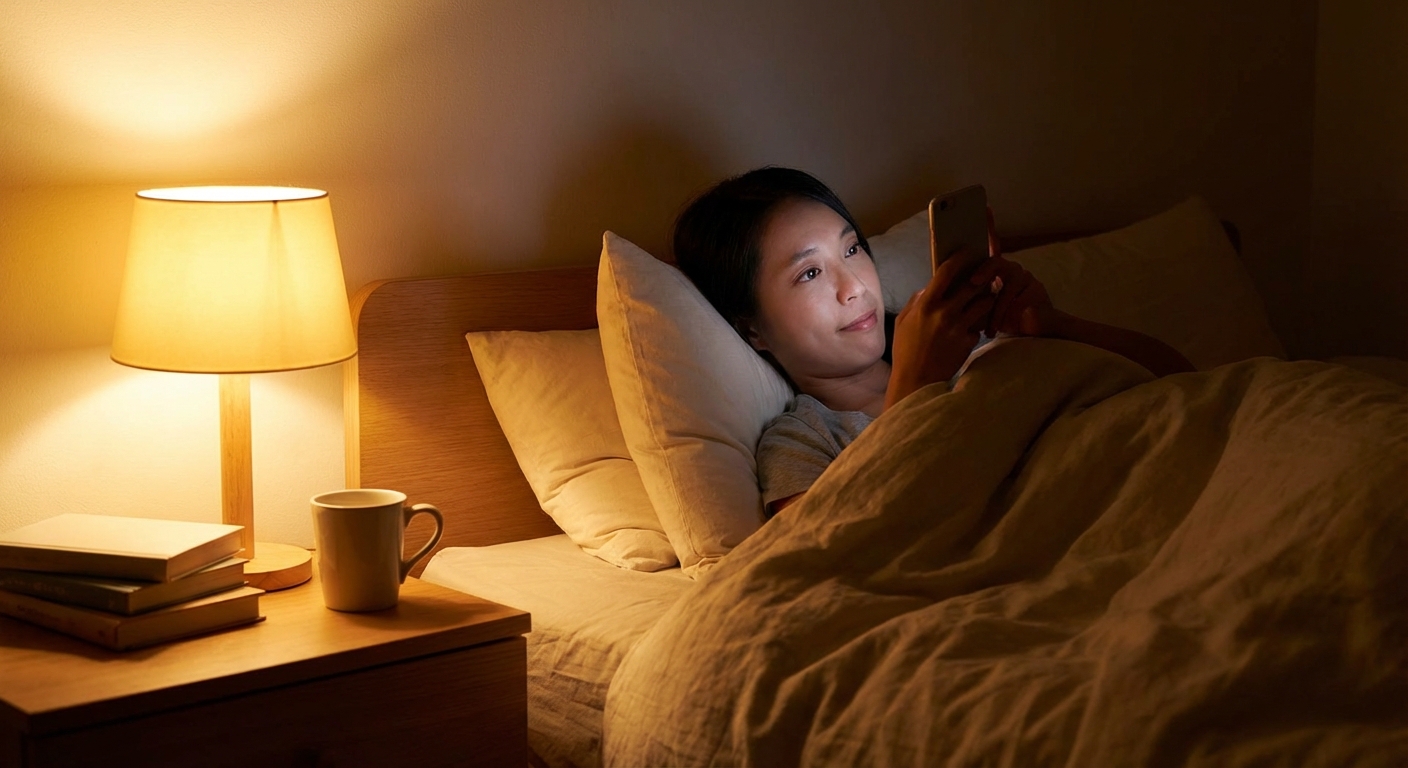침대에서 늦은 밤 스마트폰을 보는 장면