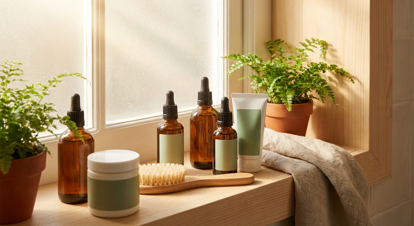 욕실 선반 위 두피 케어 제품들