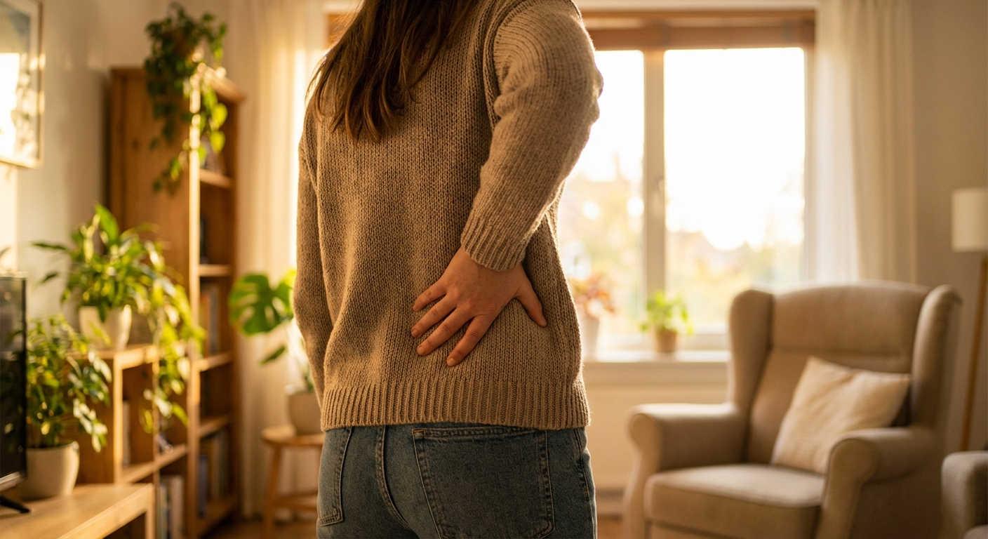 허리를 잡고 있는 사람의 뒷모습