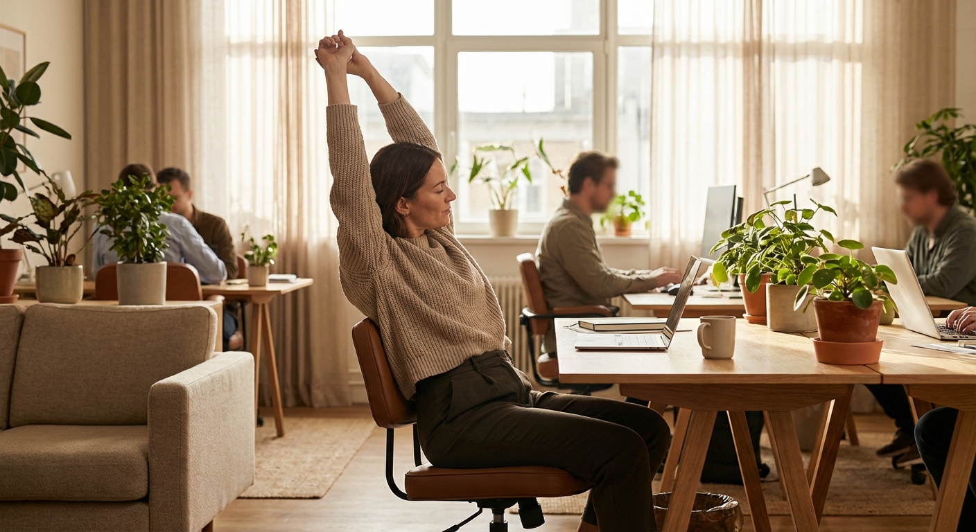 사무실에서 스트레칭하는 모습