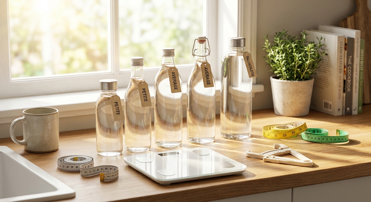 체형별 물병과 측정 도구가 놓인 깔끔한 주방 카운터