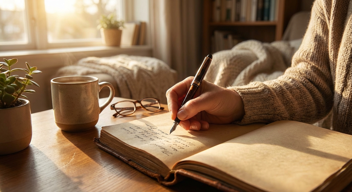 다이어리에 펜으로 글을 쓰고 있는 손