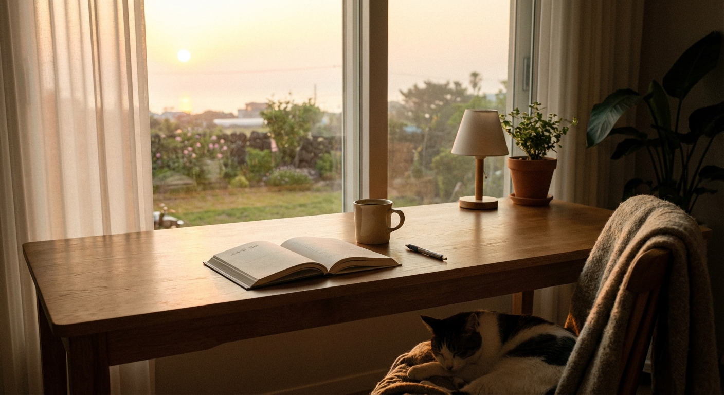 조용한 새벽 책상 앞 풍경