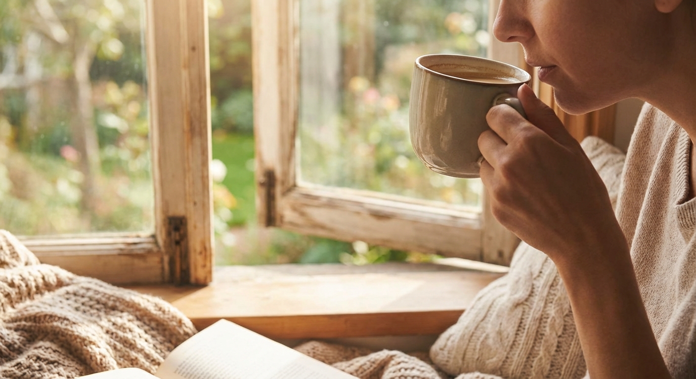 조용한 아침 창가에서 커피를 마시는 손