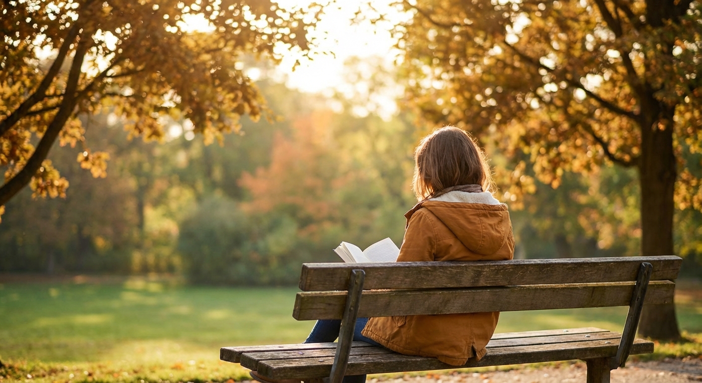 공원 벤치에 혼자 앉아 책을 읽는 뒷모습