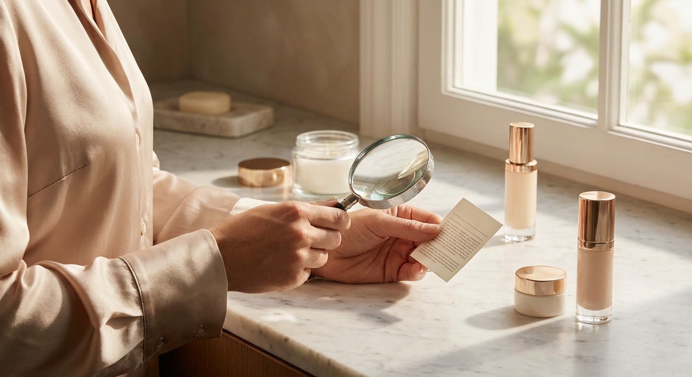 화장품 성분표를 돋보기로 자세히 보는 모습