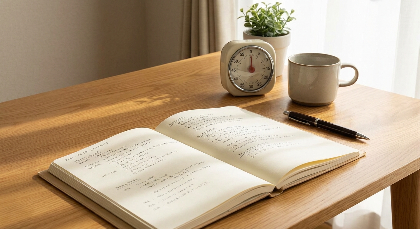 깔끔하게 정리된 책상 위 글쓰기 노트와 타이머