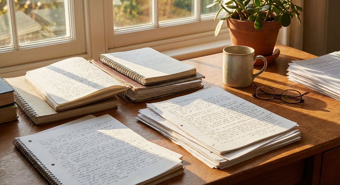 한 달치 글쓰기 노트가 쌓인 모습